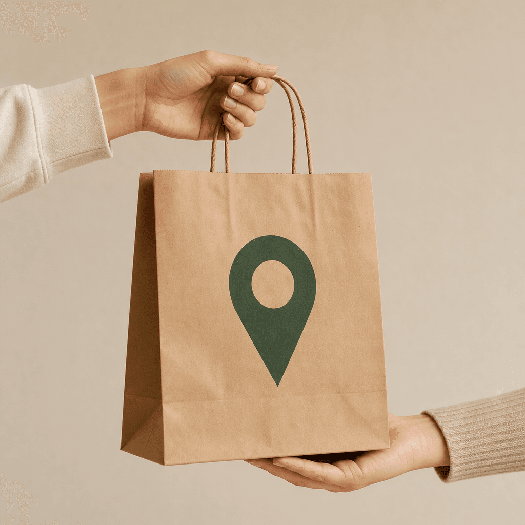 Kraft bag with NearMade location pin being handed over